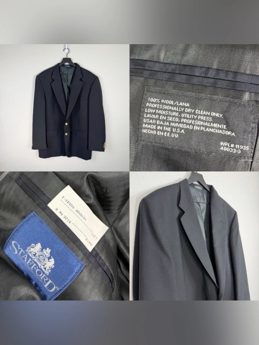 •STAFFORD•  Mens 100% Wool 2  Button Blazer Black 46R